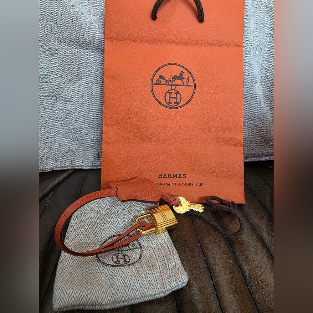 Hermes Orange Togo Padlock Clochette, Keys GOLD